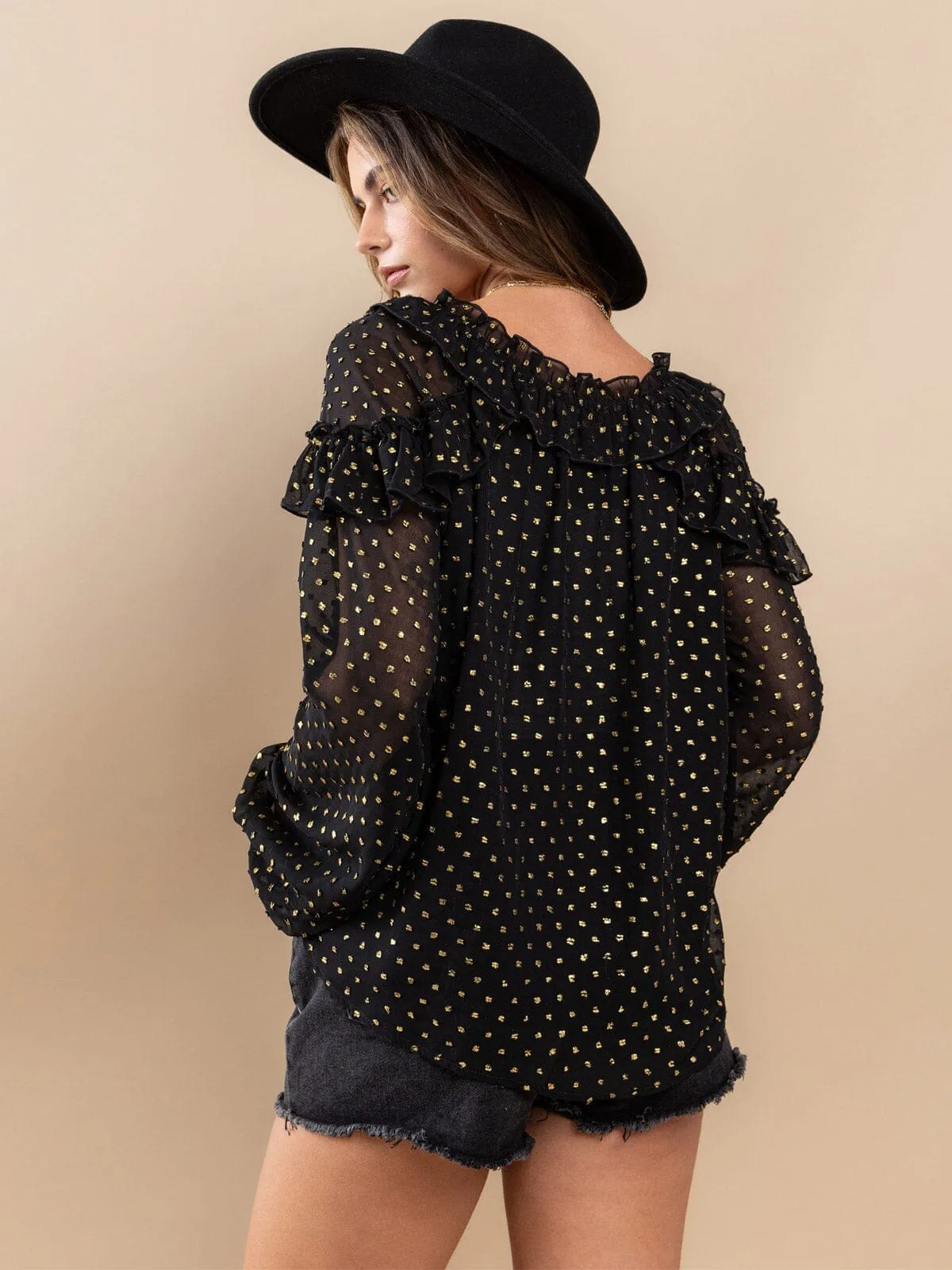 WOMEN'S LONG SLEEVE RUFFLE SHIMMER BLOUSE TOP