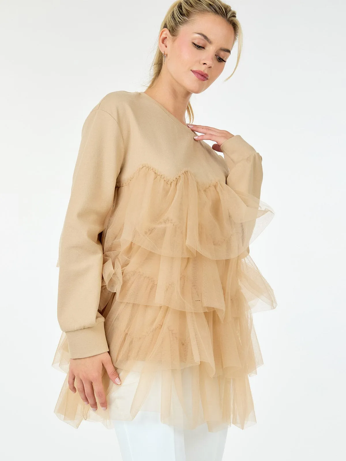 WOMEN'S LONG SLEEVE RUFFLE TIERED  DETAILED BLOUSE