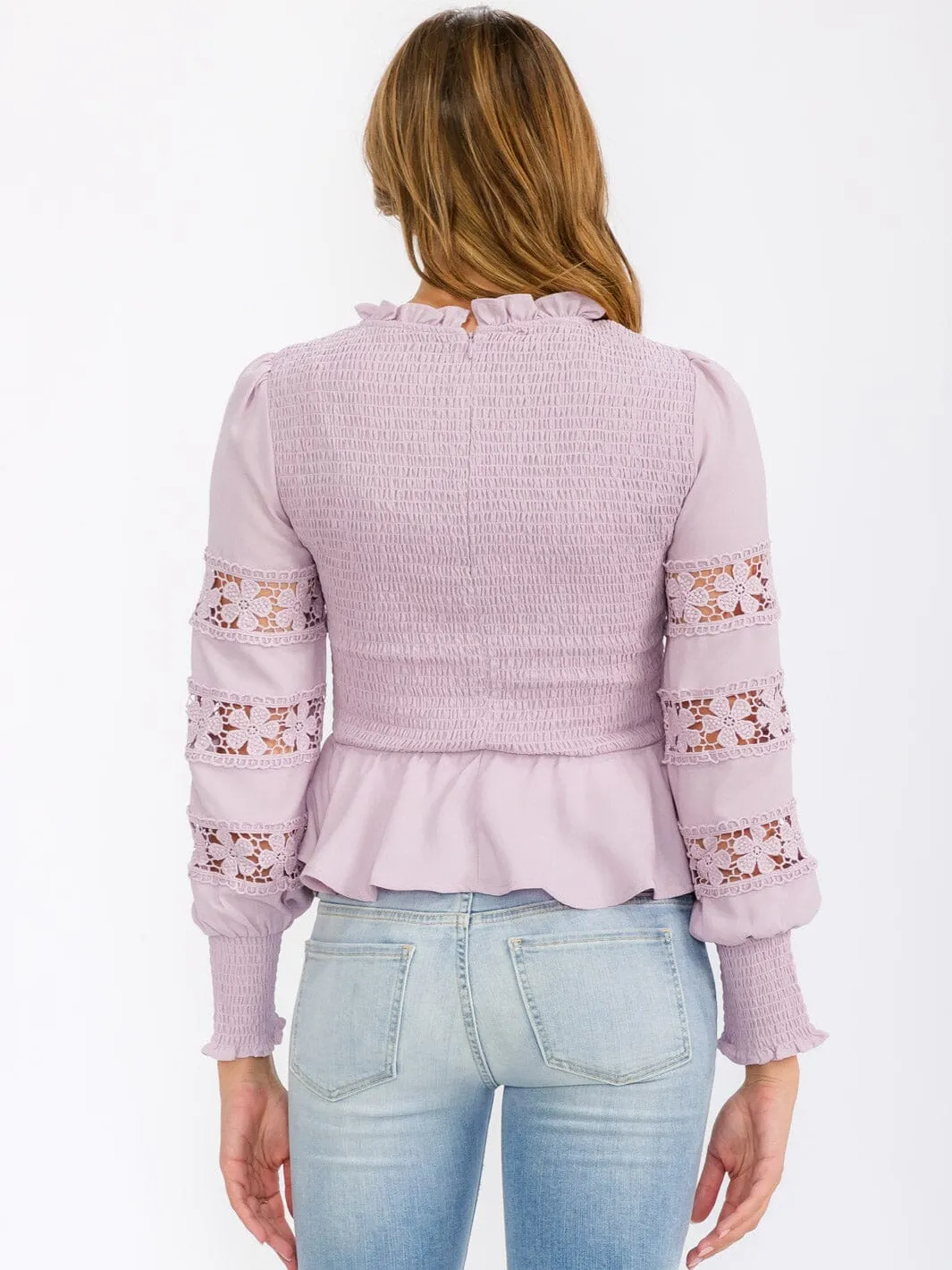 WOMEN'S LONG SLEEVE SMOCK DETAILED PEPLUM BLOUSE TOP