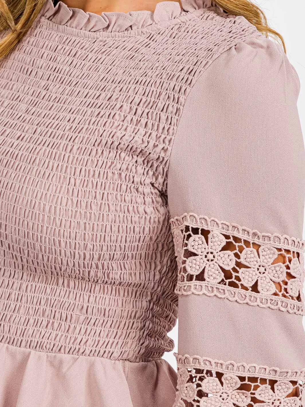 WOMEN'S LONG SLEEVE SMOCK DETAILED PEPLUM BLOUSE TOP