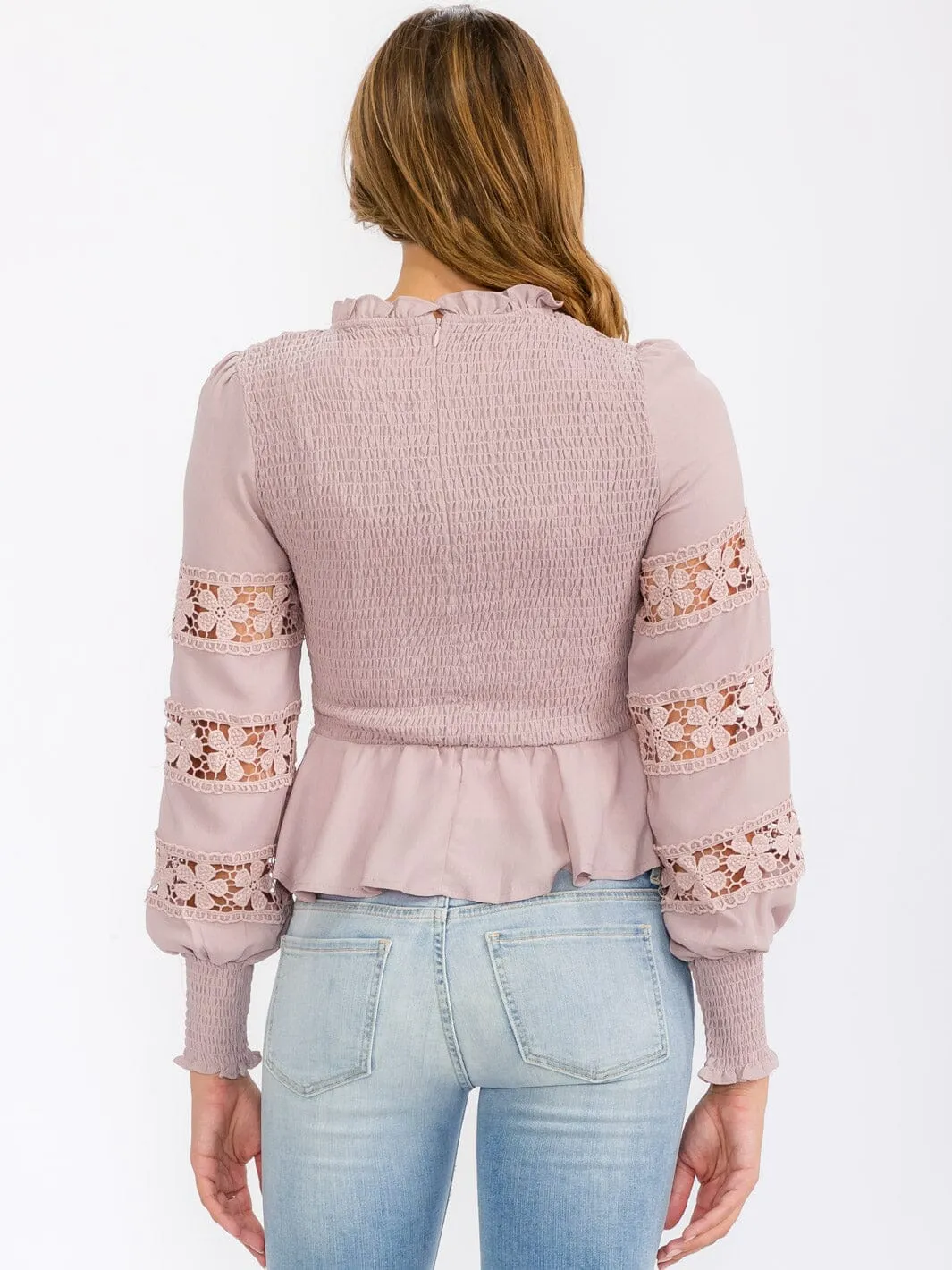 WOMEN'S LONG SLEEVE SMOCK DETAILED PEPLUM BLOUSE TOP