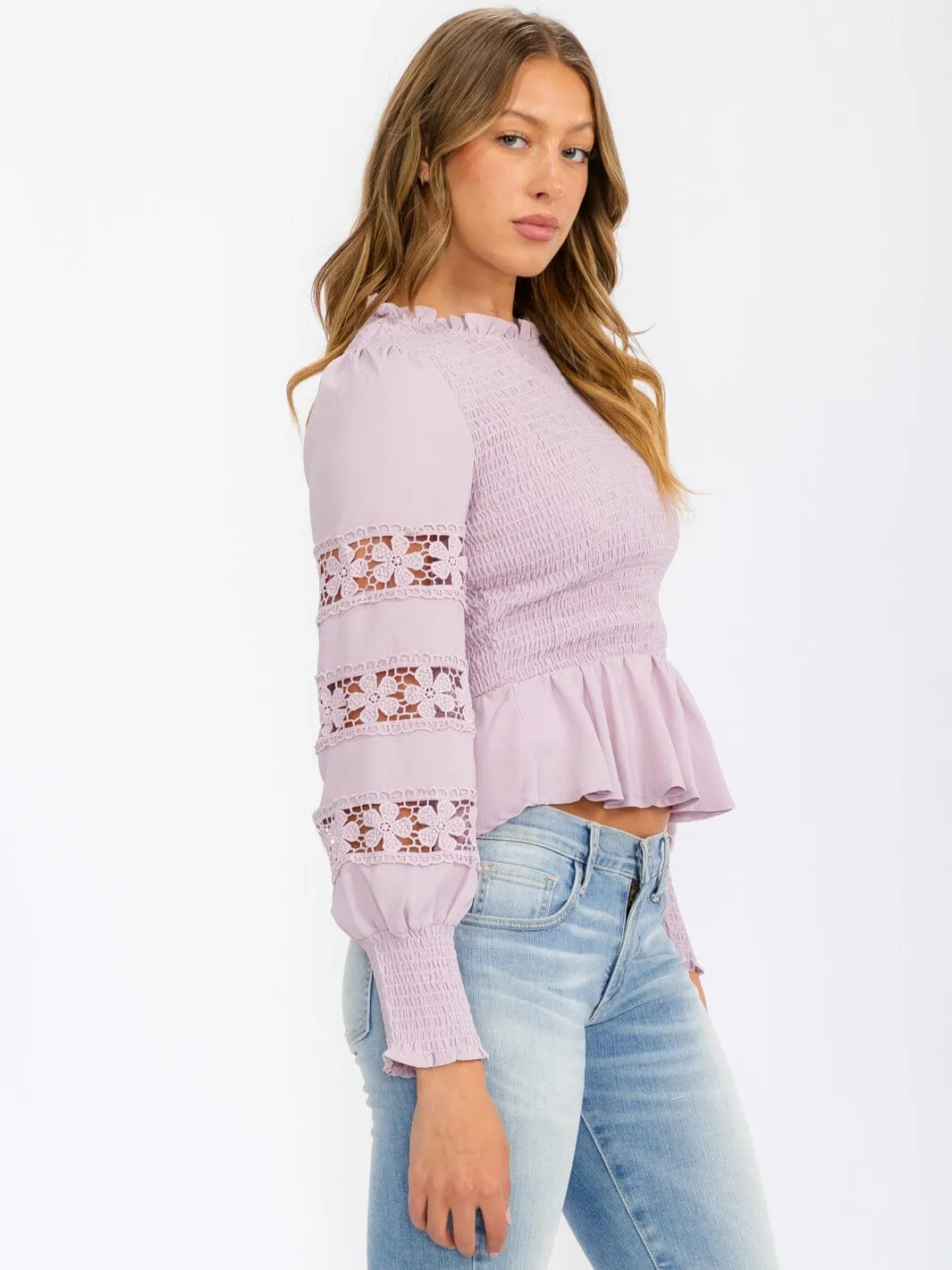 WOMEN'S LONG SLEEVE SMOCK DETAILED PEPLUM BLOUSE TOP