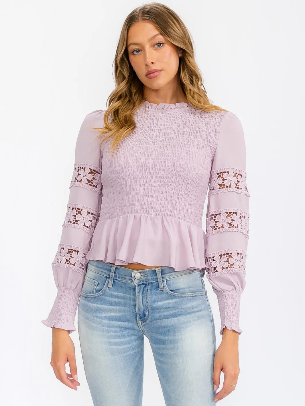 WOMEN'S LONG SLEEVE SMOCK DETAILED PEPLUM BLOUSE TOP