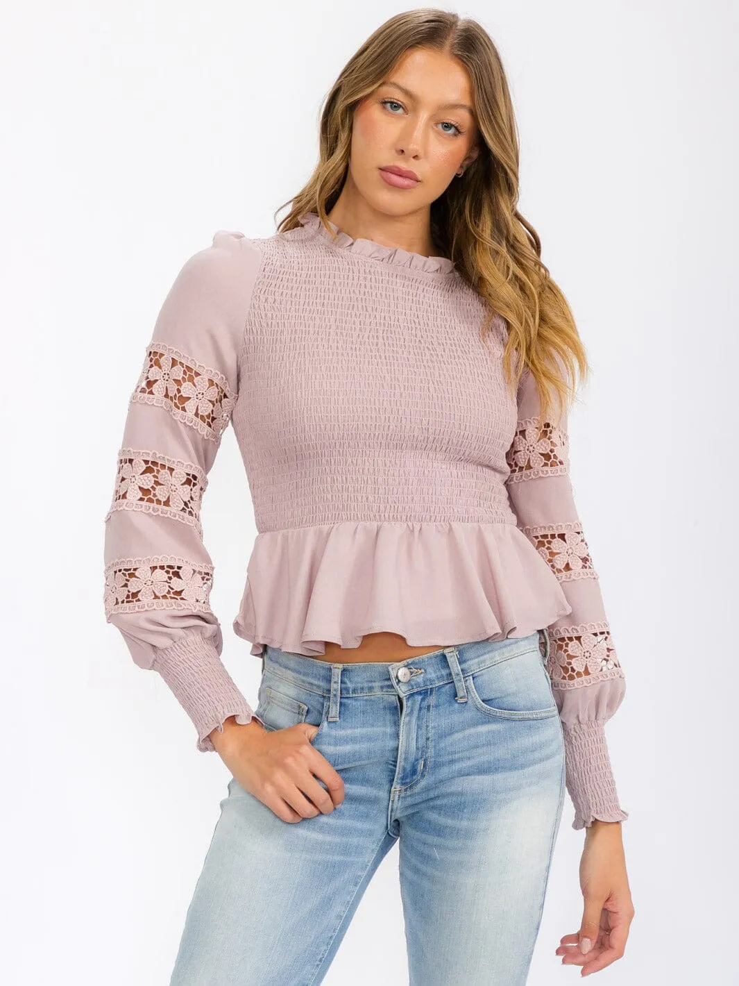 WOMEN'S LONG SLEEVE SMOCK DETAILED PEPLUM BLOUSE TOP