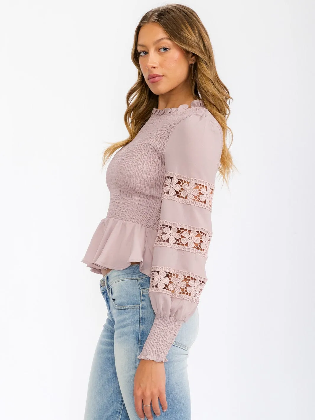 WOMEN'S LONG SLEEVE SMOCK DETAILED PEPLUM BLOUSE TOP