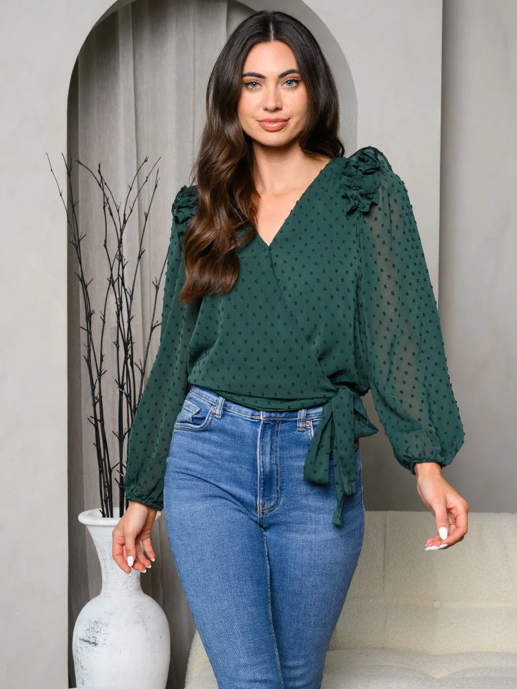 WOMEN'S LONG SLEEVE SOLID RUFFLE SURPLICE TOP