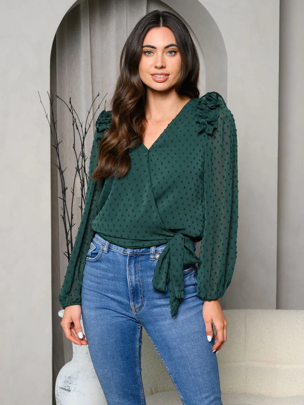 WOMEN'S LONG SLEEVE SOLID RUFFLE SURPLICE TOP
