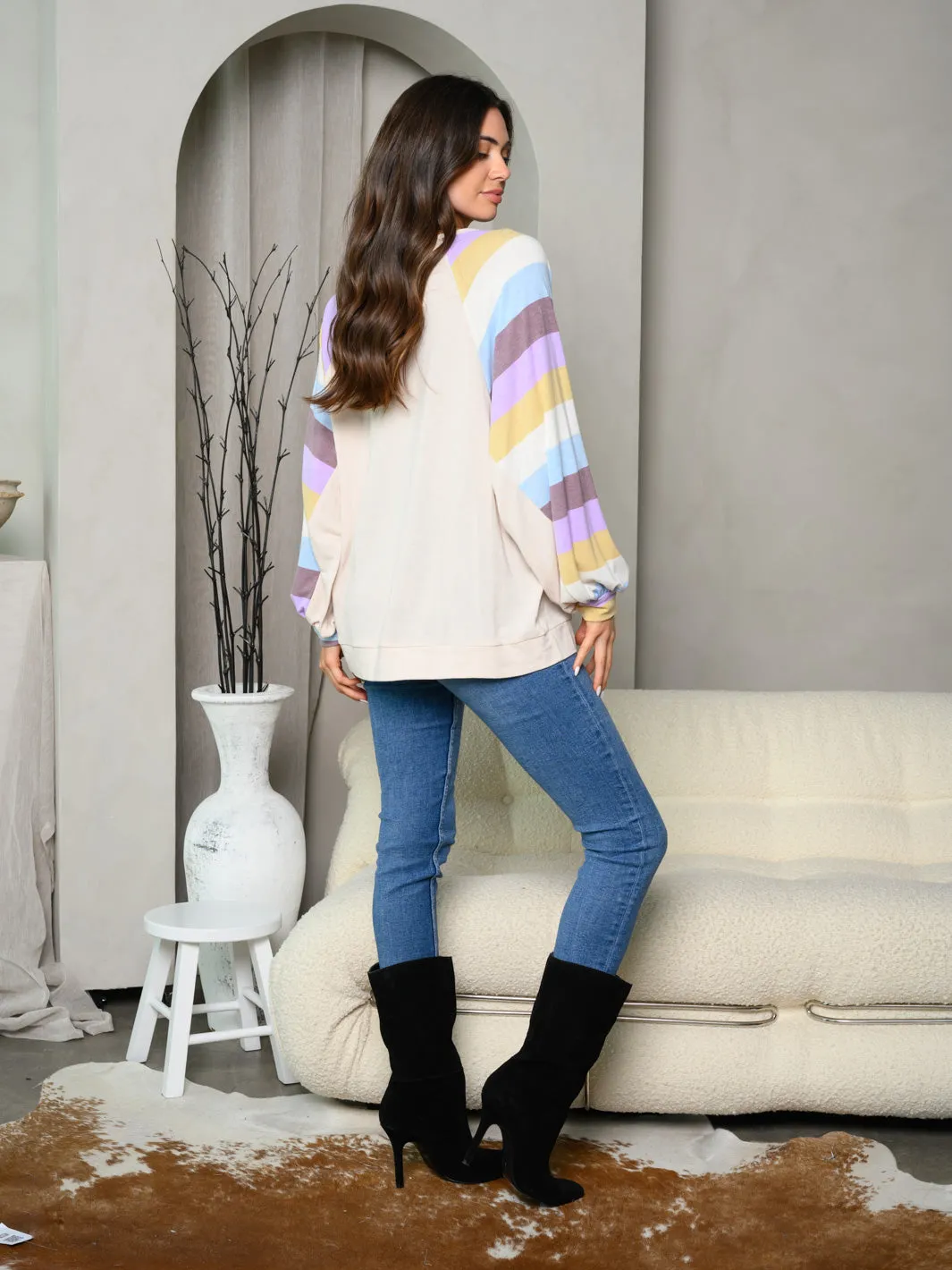 WOMEN'S LONG SLEEVE STRIPES COLOR BLOCK TUNIC TOP