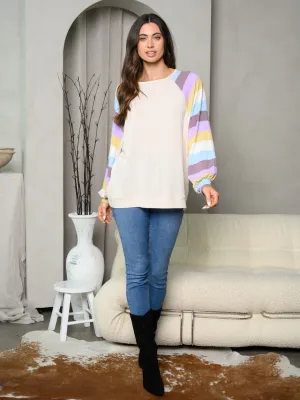 WOMEN'S LONG SLEEVE STRIPES COLOR BLOCK TUNIC TOP