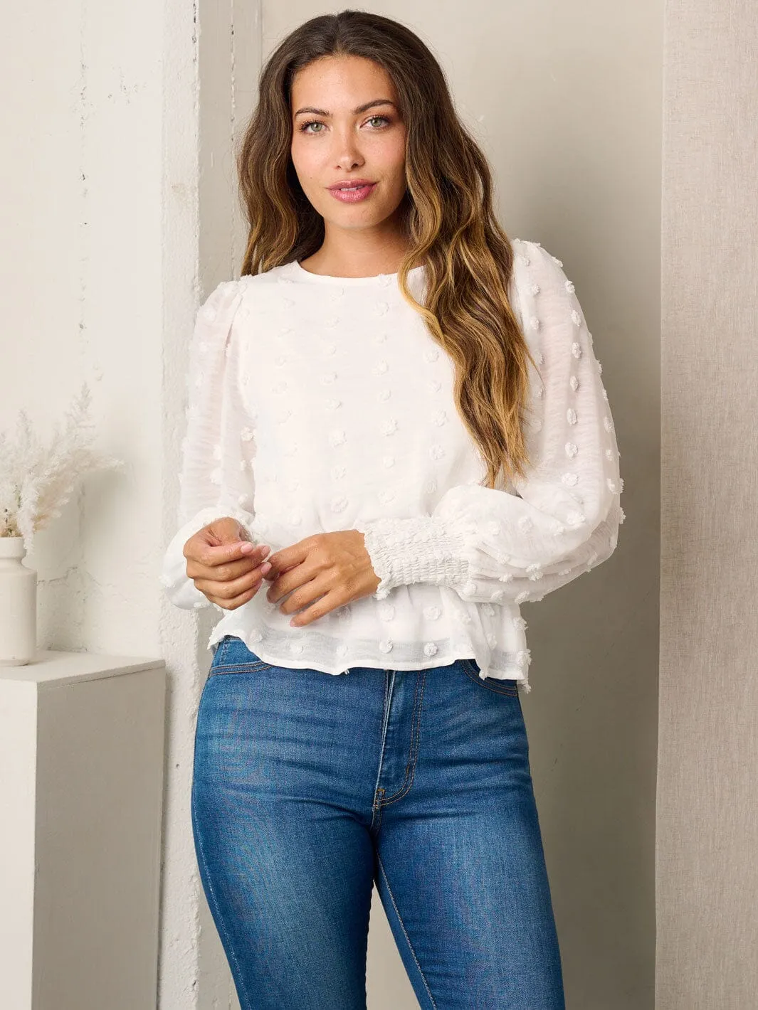 WOMEN'S LONG SLEEVE SWISS DOTS PEPLUM BLOUSE TOP