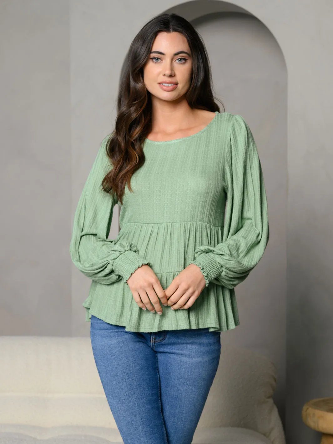 WOMEN'S LONG SLEEVE TIERED PEPLUM TOP
