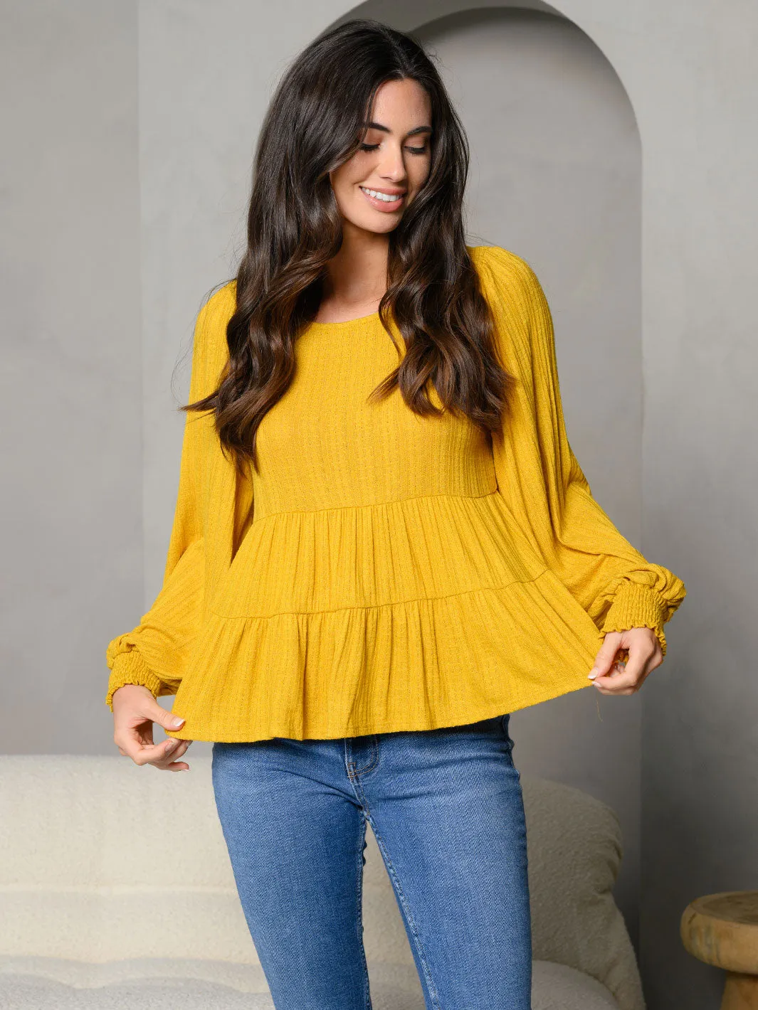 WOMEN'S LONG SLEEVE TIERED PEPLUM TOP