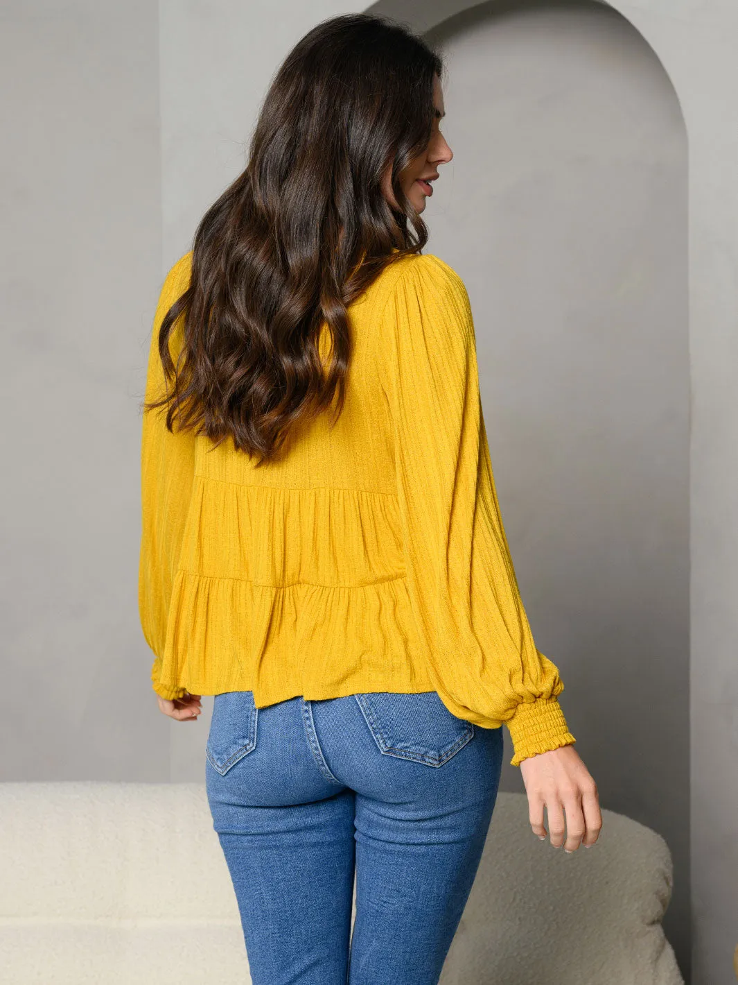 WOMEN'S LONG SLEEVE TIERED PEPLUM TOP