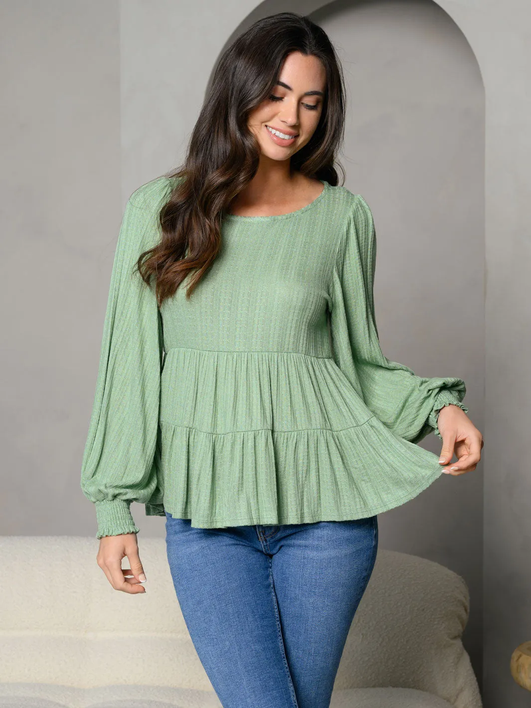 WOMEN'S LONG SLEEVE TIERED PEPLUM TOP