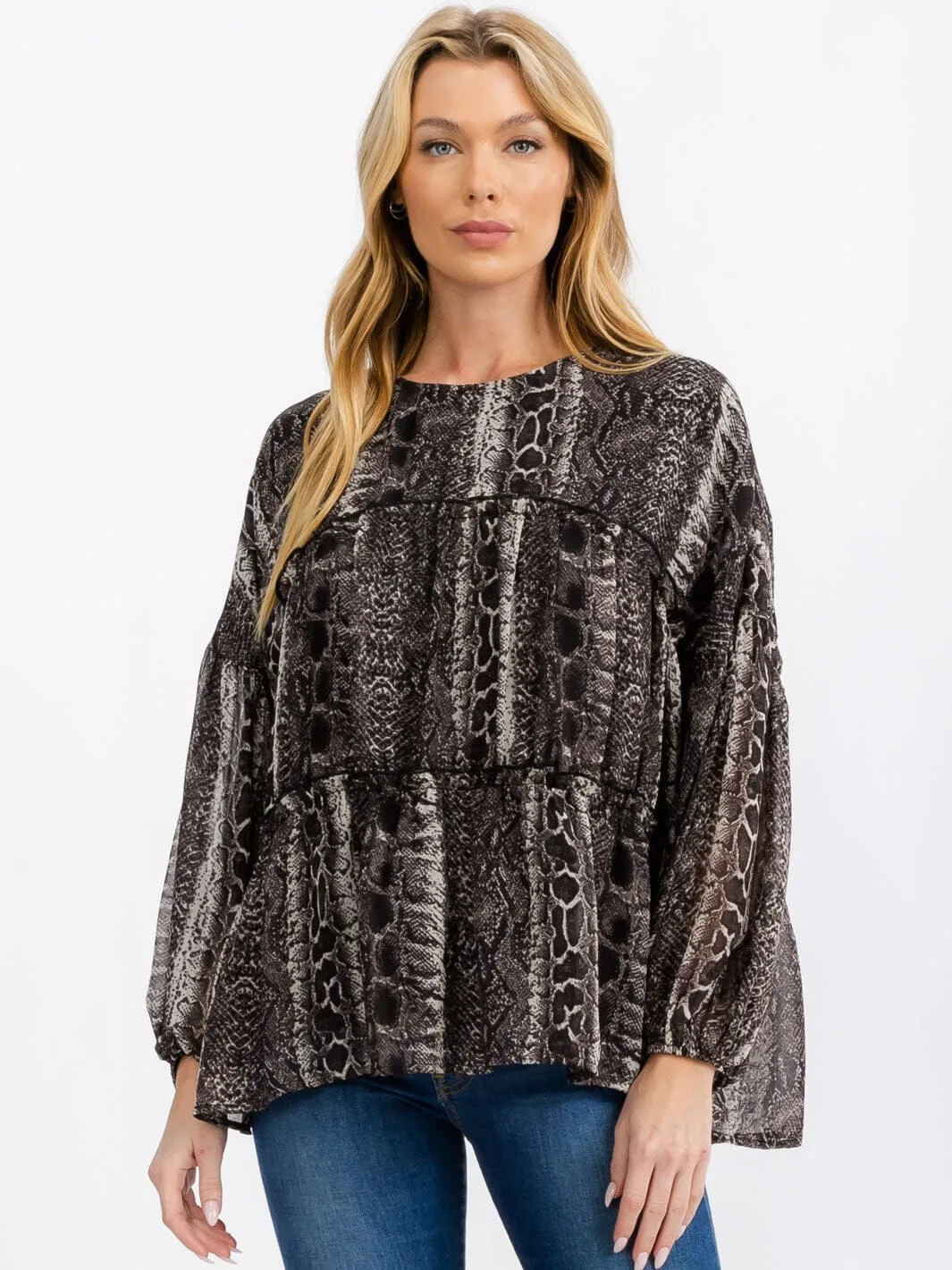 WOMEN'S LONG SLEEVE TIERED TUNIC ANIMAL PRINT BLOUSE TOP