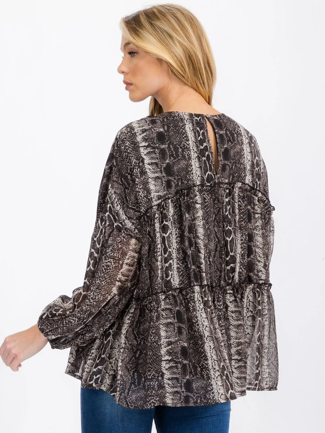 WOMEN'S LONG SLEEVE TIERED TUNIC ANIMAL PRINT BLOUSE TOP