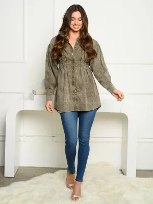 WOMEN'S LONG SLEEVE TUNIC BUTTON UP TOP