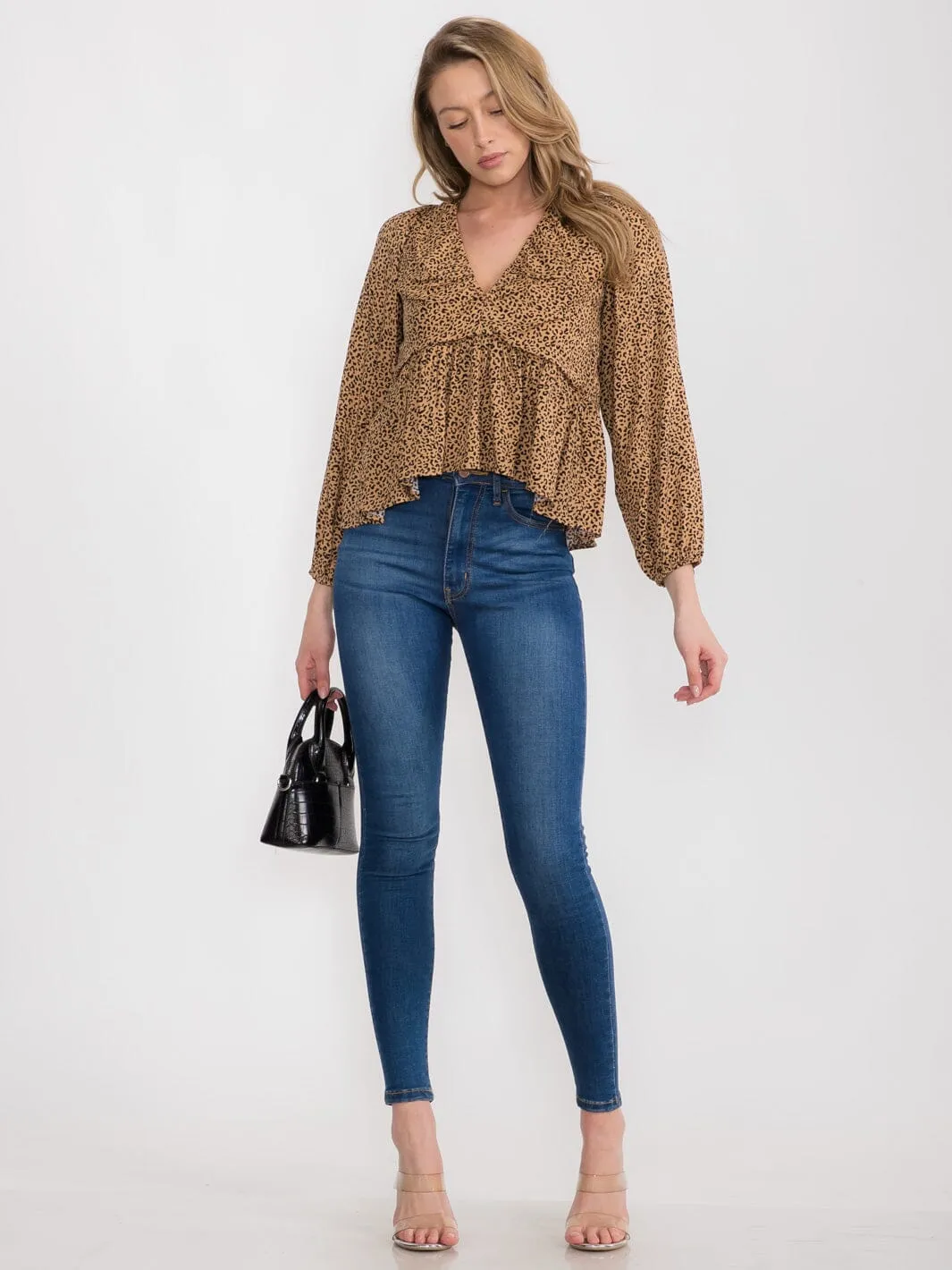 WOMEN'S LONG SLEEVE V-NECK ANIMAL PRINT PEPLUM BLOUSE