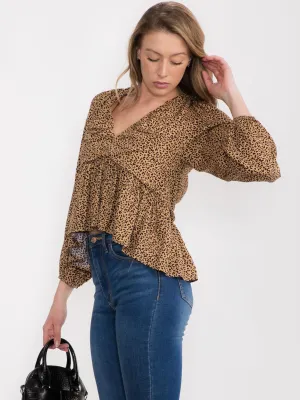 WOMEN'S LONG SLEEVE V-NECK ANIMAL PRINT PEPLUM BLOUSE