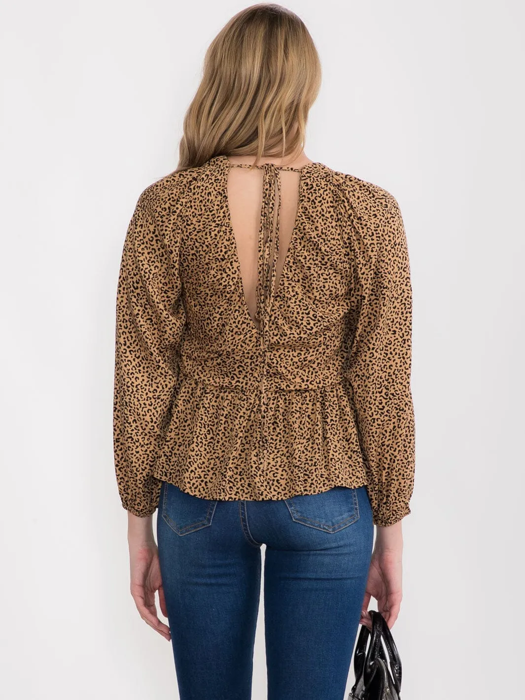 WOMEN'S LONG SLEEVE V-NECK ANIMAL PRINT PEPLUM BLOUSE