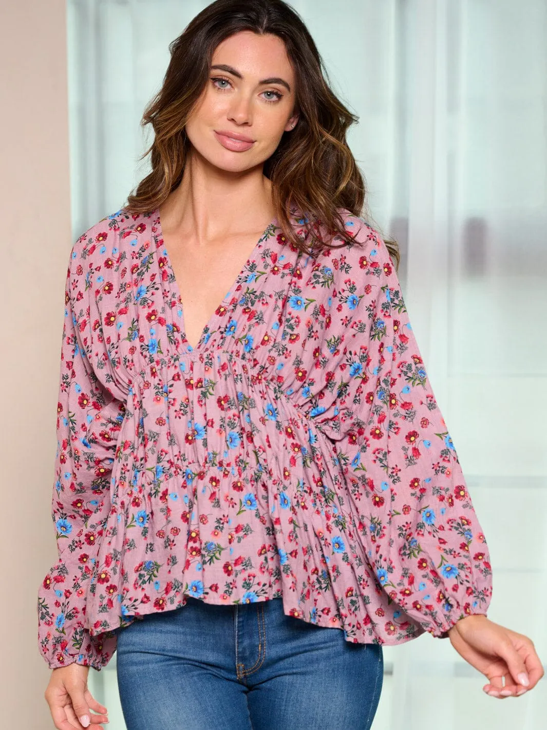 WOMEN'S LONG SLEEVE V-NECK FLORAL TUNIC BLOUSE TOP