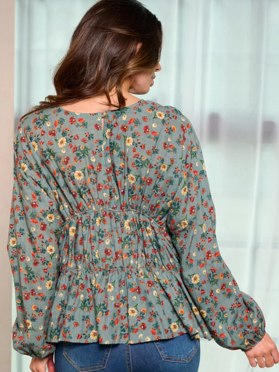 WOMEN'S LONG SLEEVE V-NECK FLORAL TUNIC BLOUSE TOP