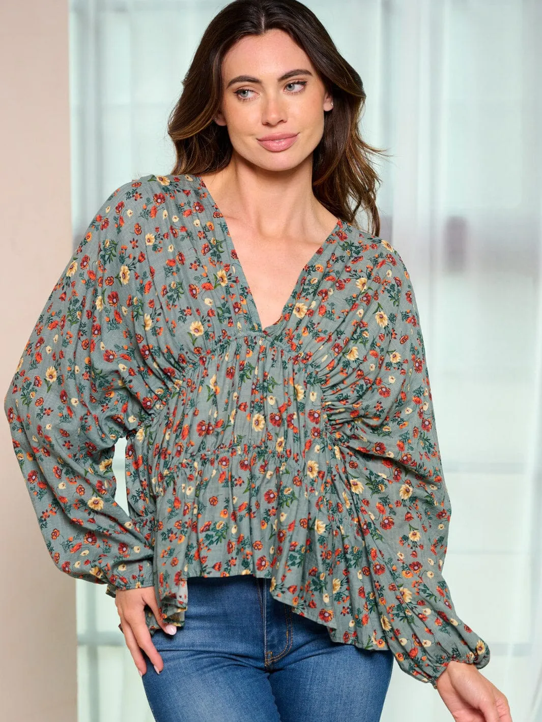 WOMEN'S LONG SLEEVE V-NECK FLORAL TUNIC BLOUSE TOP