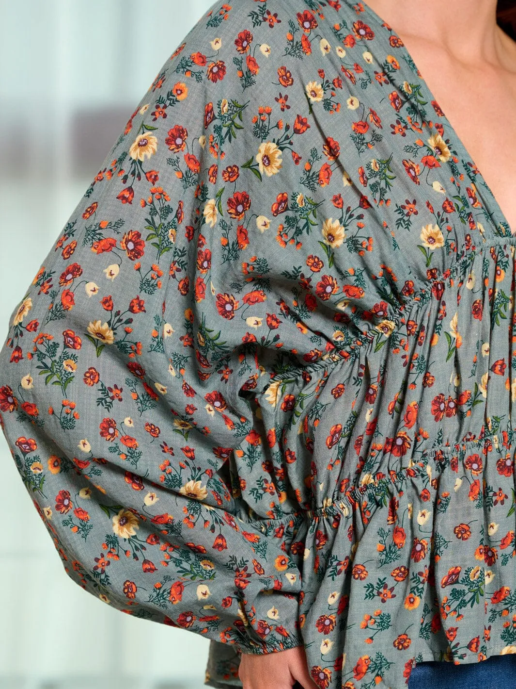 WOMEN'S LONG SLEEVE V-NECK FLORAL TUNIC BLOUSE TOP