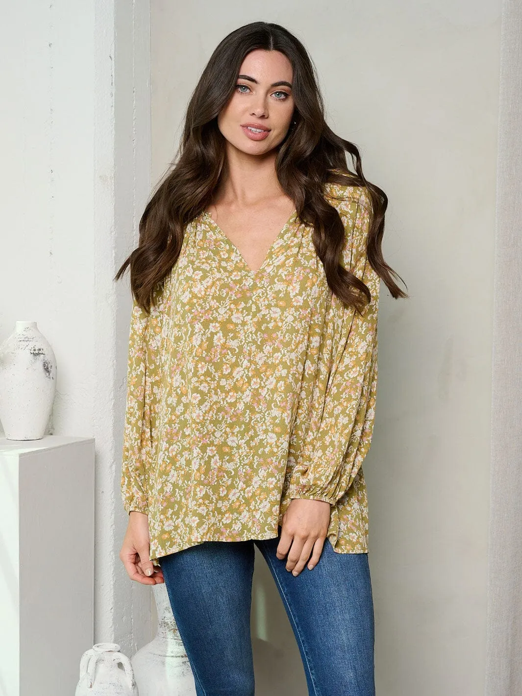 WOMEN'S LONG SLEEVE V-NECK FLORAL TUNIC TOP