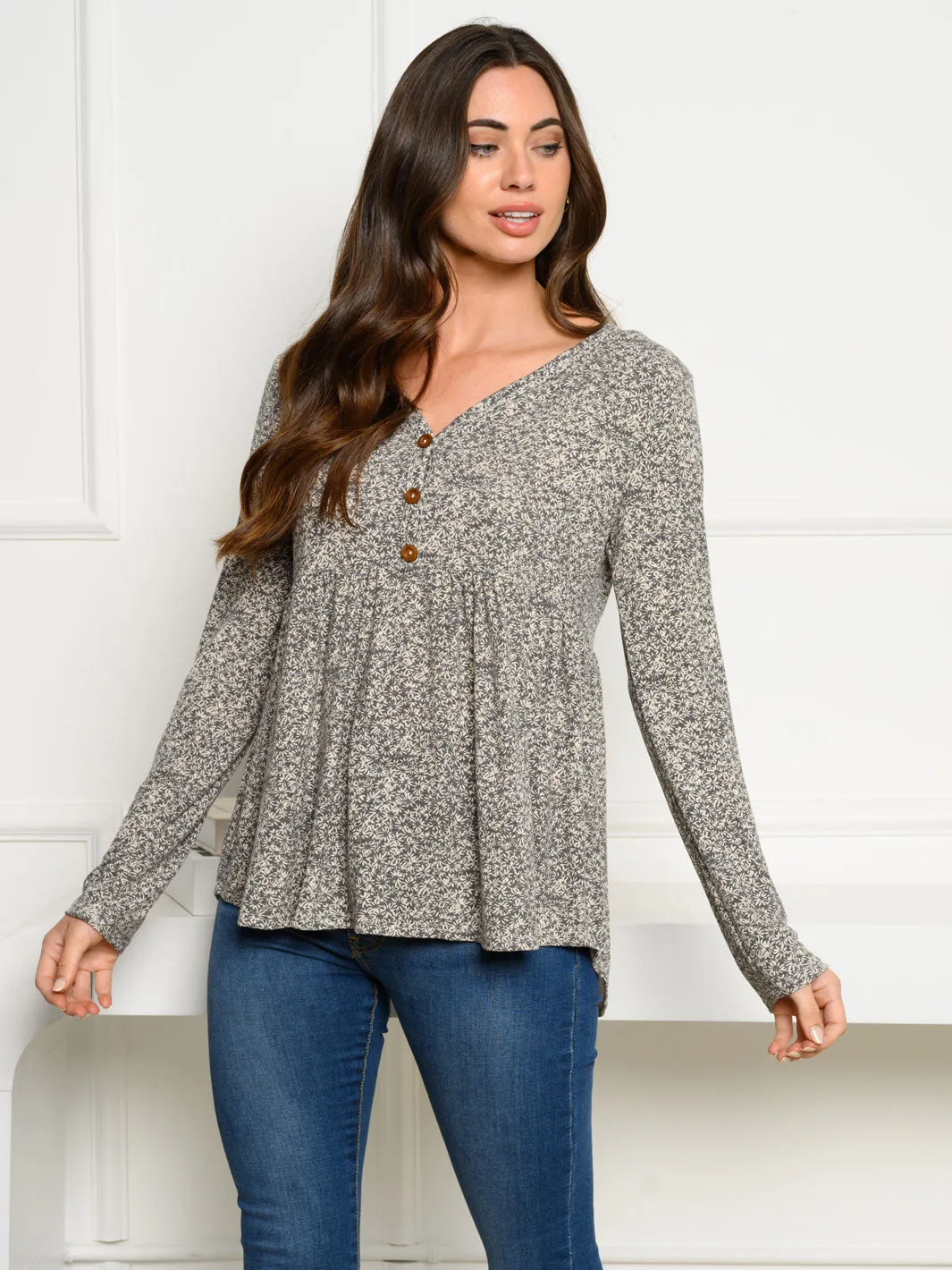 WOMEN'S LONG SLEEVE V-NECK FLORAL TUNIC TOP