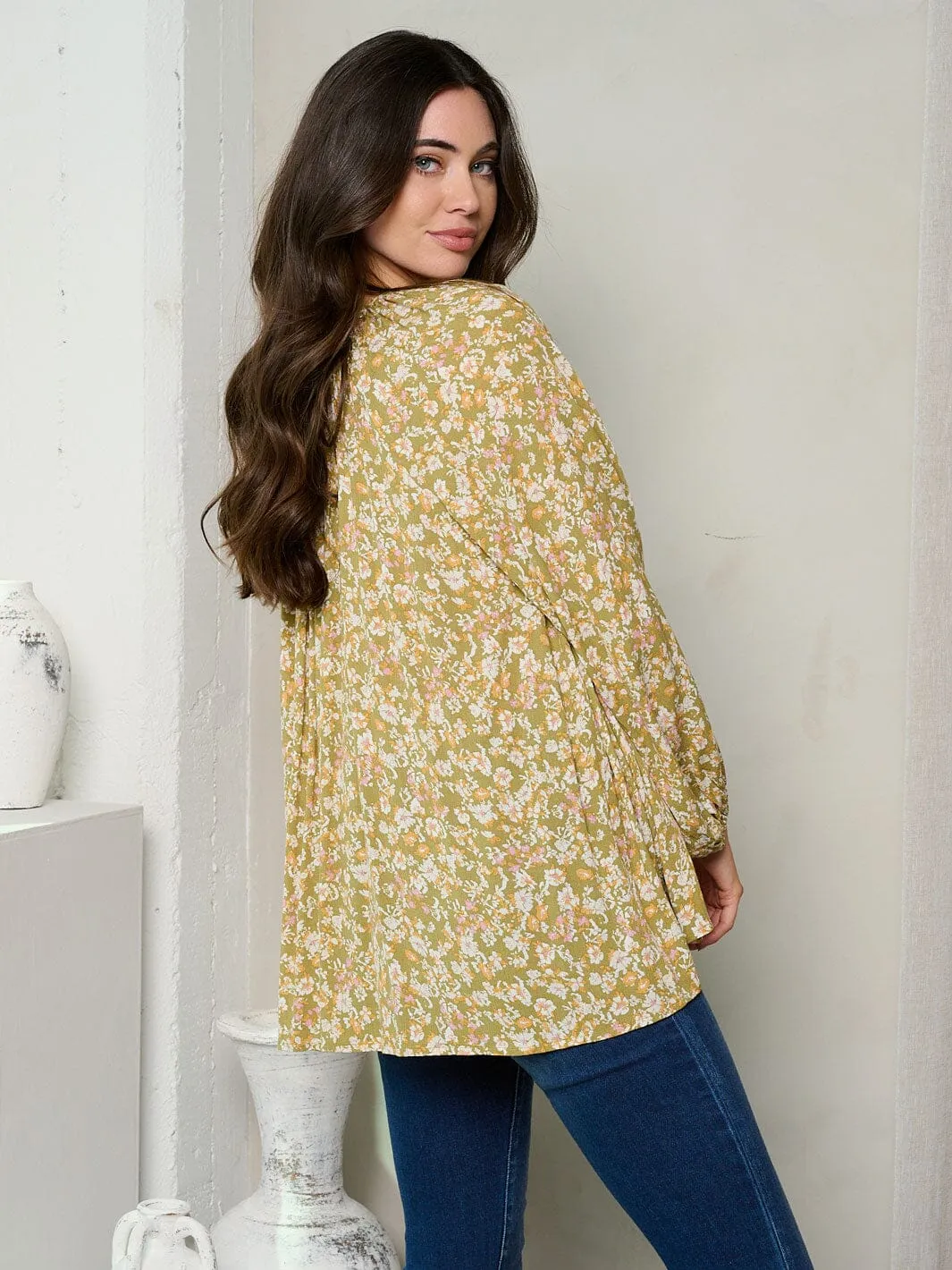 WOMEN'S LONG SLEEVE V-NECK FLORAL TUNIC TOP