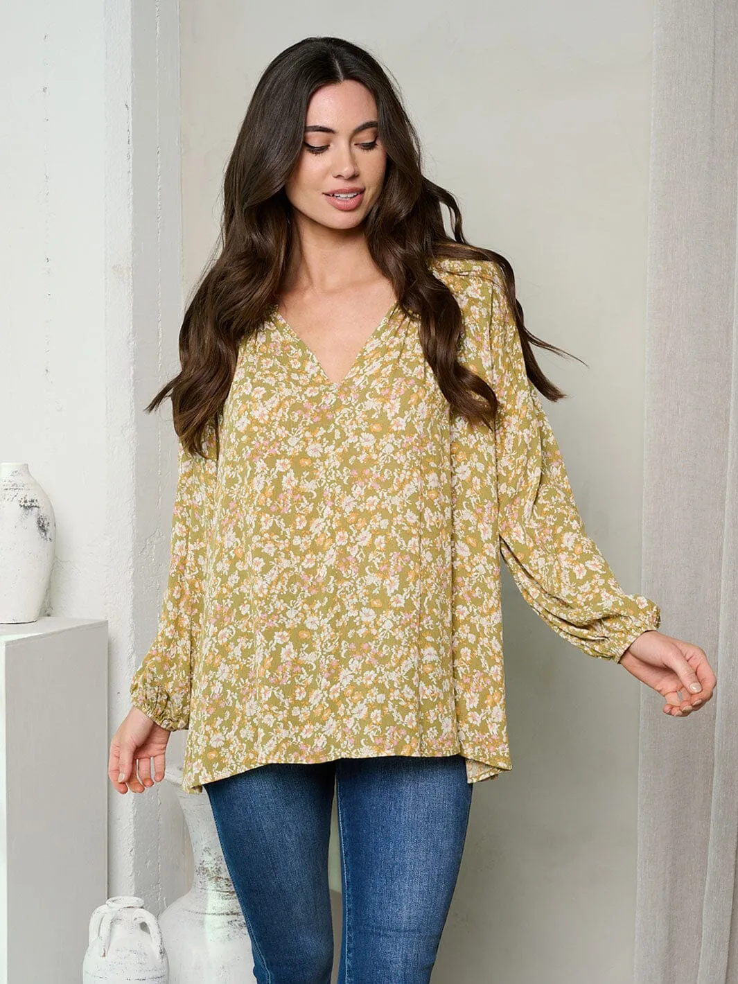 WOMEN'S LONG SLEEVE V-NECK FLORAL TUNIC TOP
