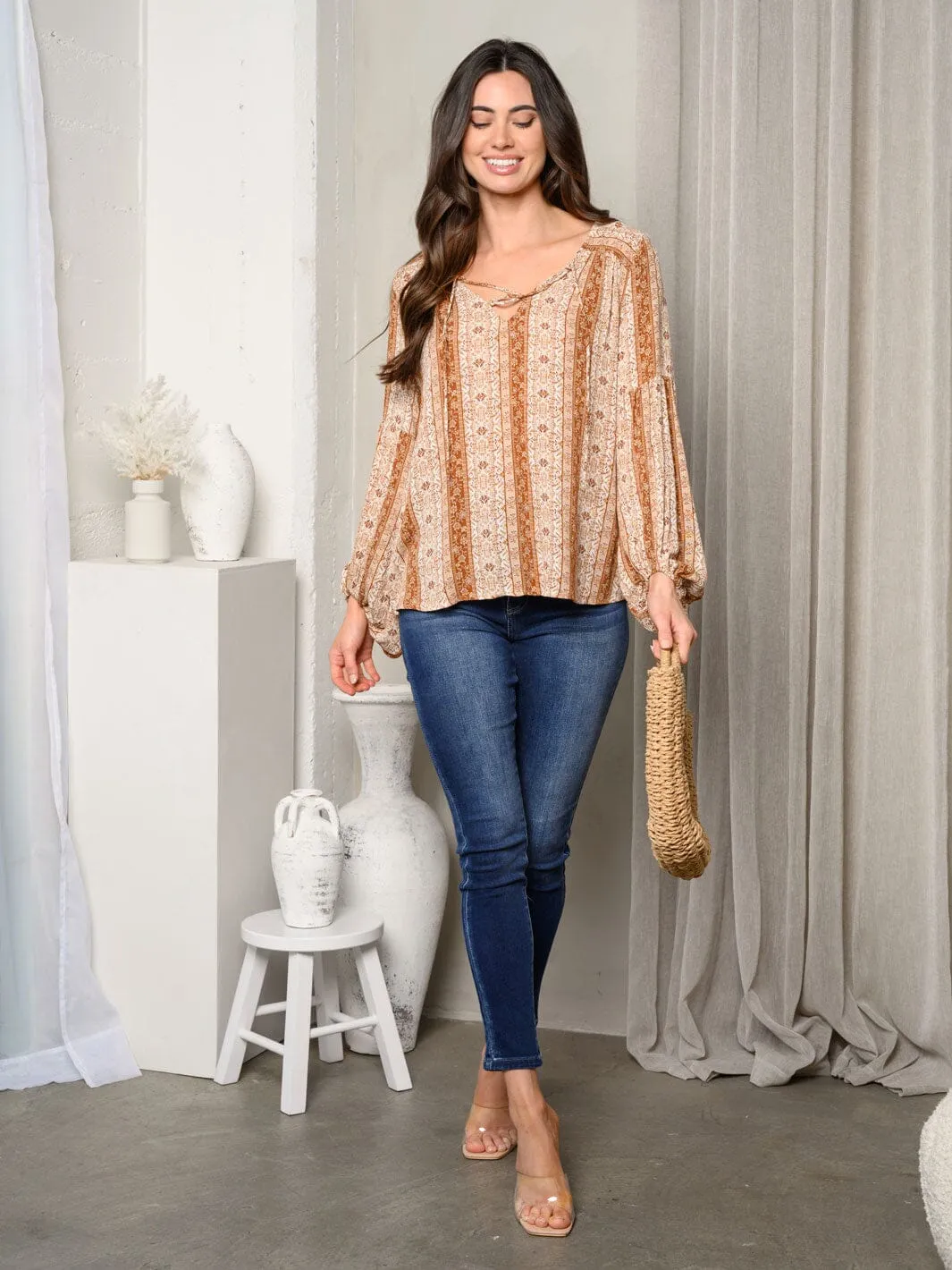 WOMEN'S LONG SLEEVE V-NECK FLORAL TUNIC TOP