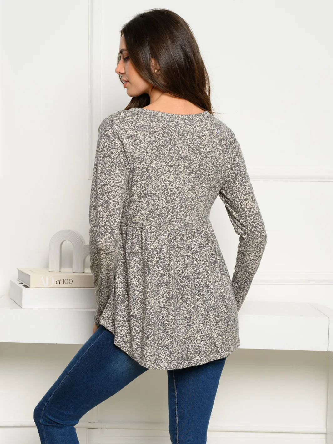 WOMEN'S LONG SLEEVE V-NECK FLORAL TUNIC TOP
