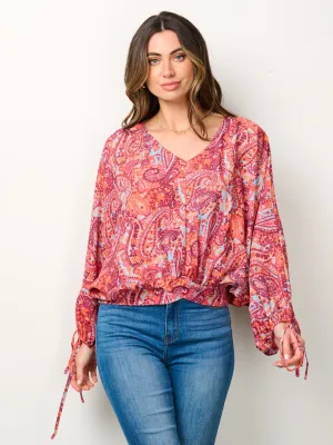 WOMEN'S LONG SLEEVE V-NECK PRINTED BLOSE TOP