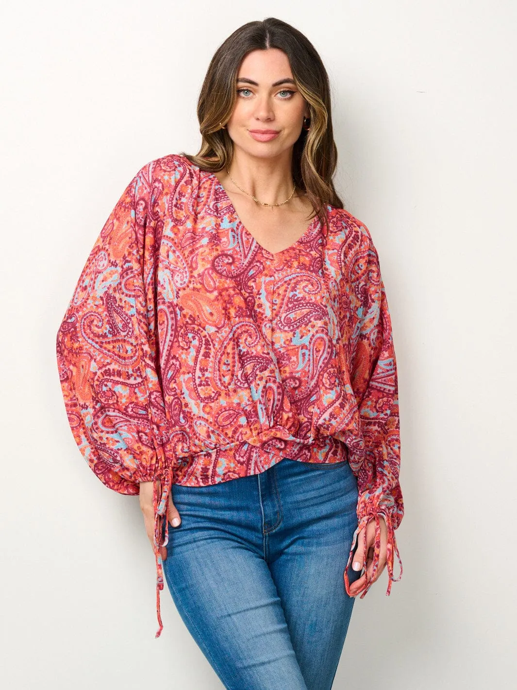 WOMEN'S LONG SLEEVE V-NECK PRINTED BLOSE TOP