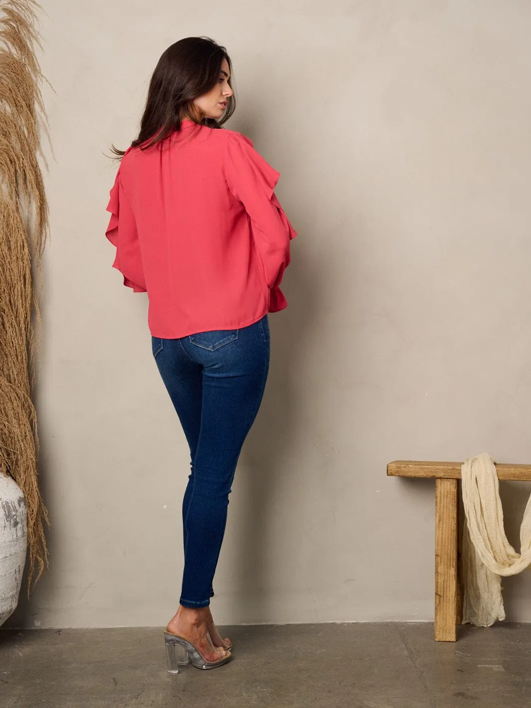WOMEN'S LONG SLEEVE V-NECK RUFFLE BLOUSE TOP