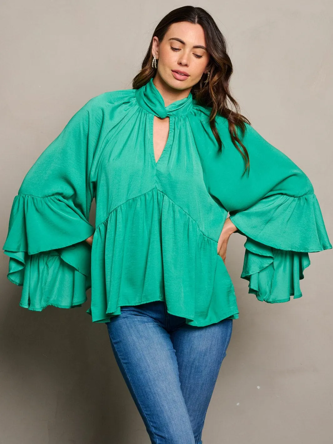 WOMEN'S LONG SLEEVE V-NECK RUFFLE BLOUSE TOP