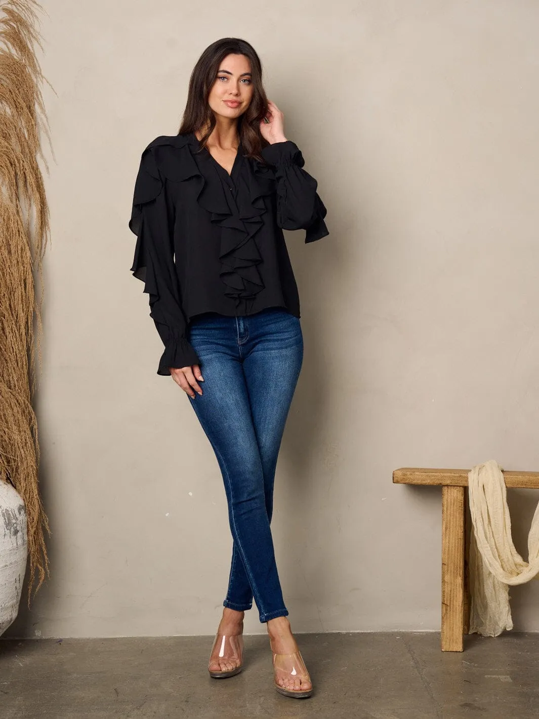 WOMEN'S LONG SLEEVE V-NECK RUFFLE BLOUSE TOP