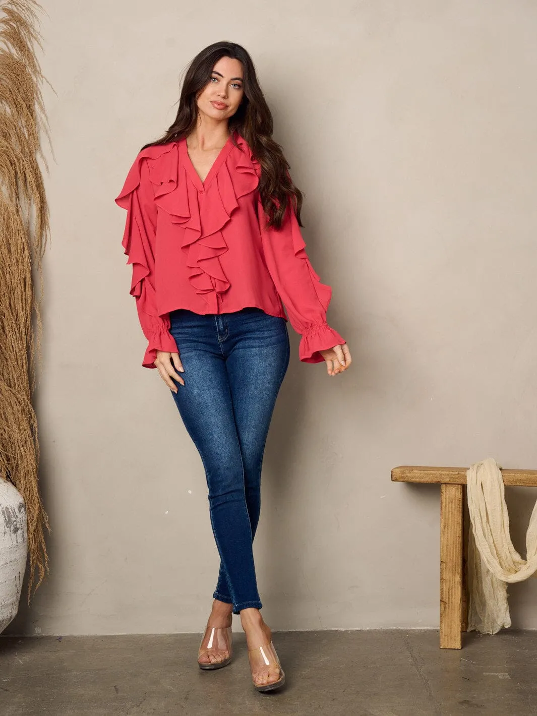 WOMEN'S LONG SLEEVE V-NECK RUFFLE BLOUSE TOP