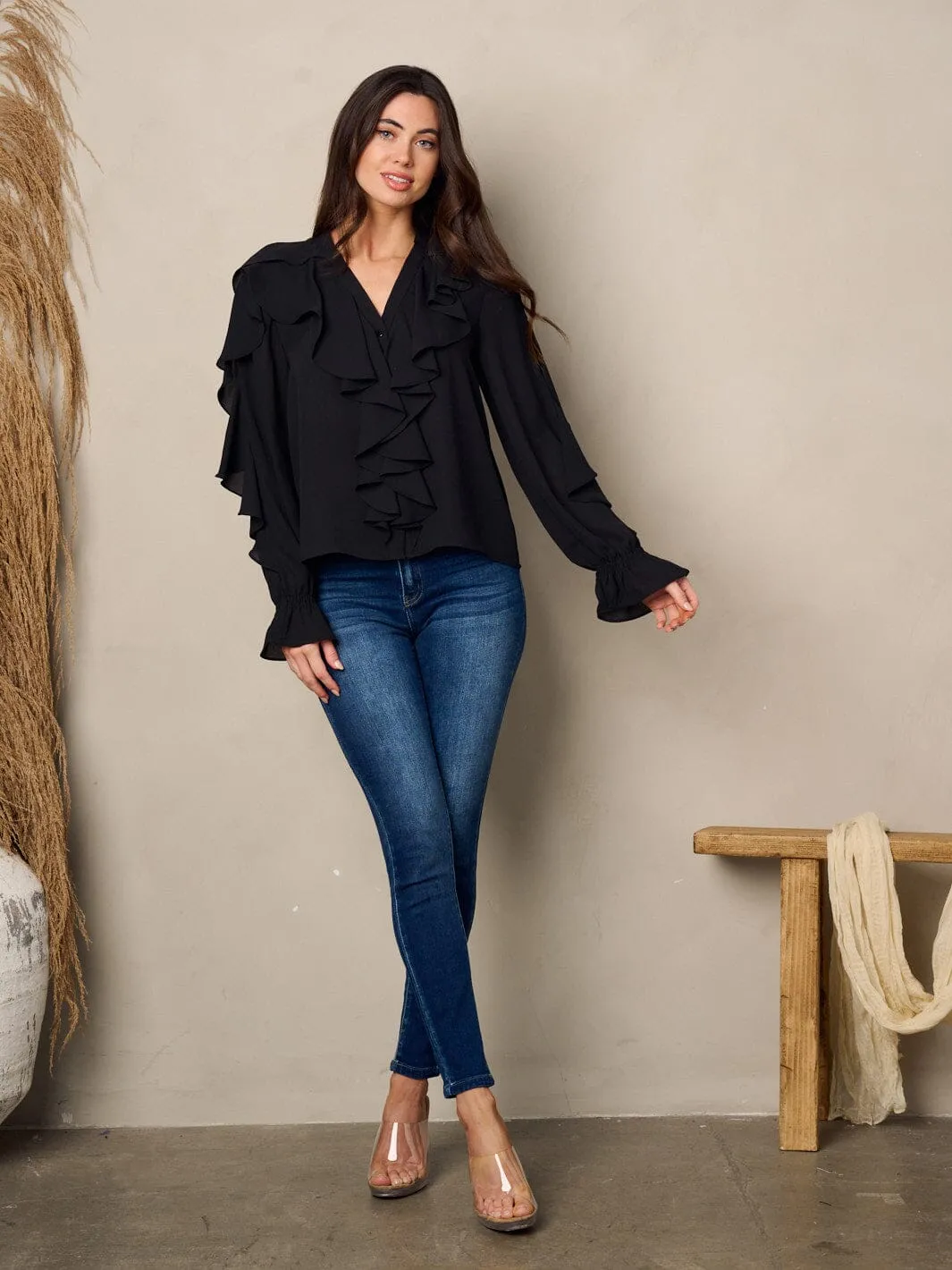WOMEN'S LONG SLEEVE V-NECK RUFFLE BLOUSE TOP
