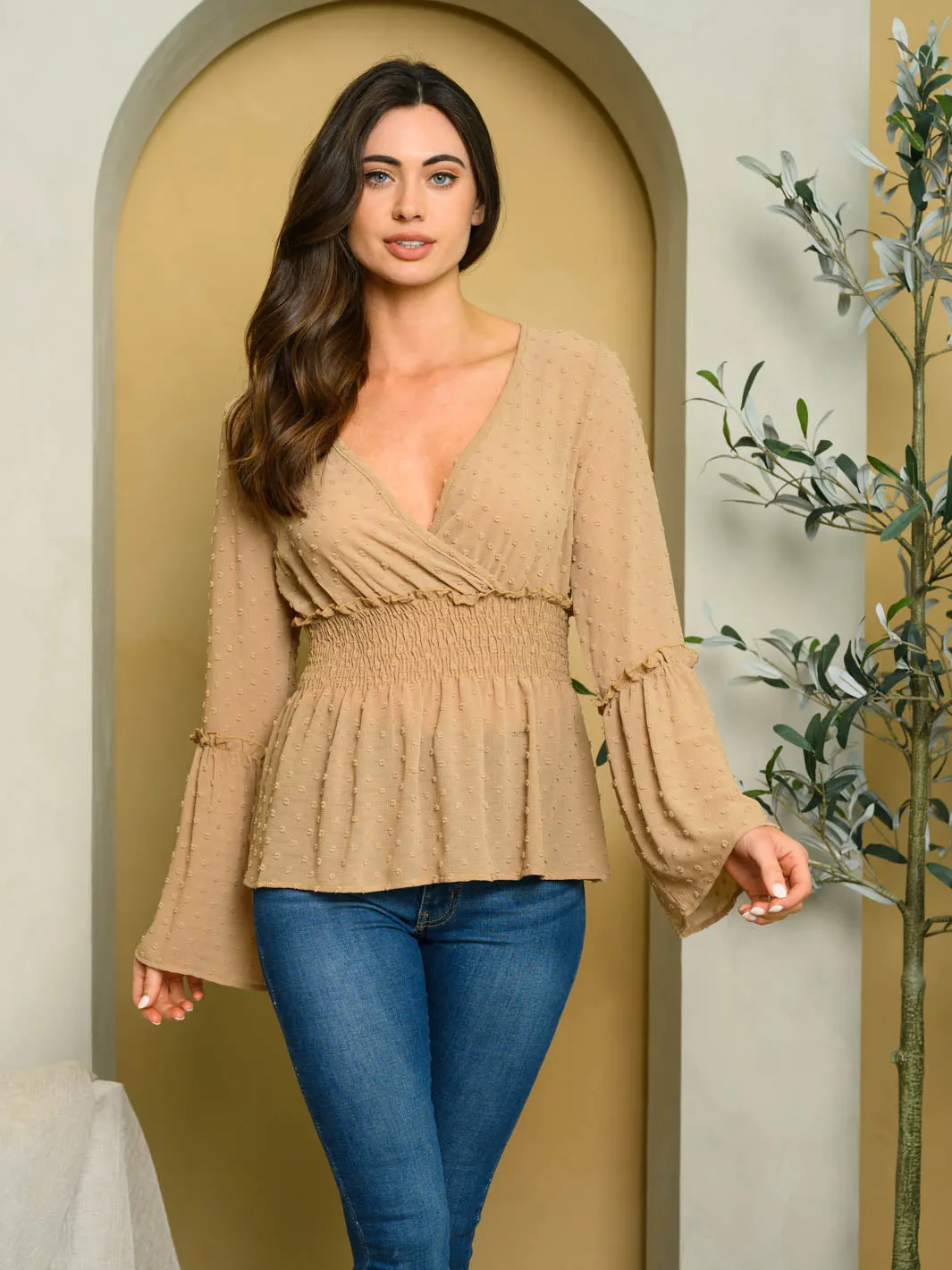 WOMEN'S LONG SLEEVE V-NECK SWISS DOT TOP