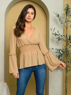 WOMEN'S LONG SLEEVE V-NECK SWISS DOT TOP