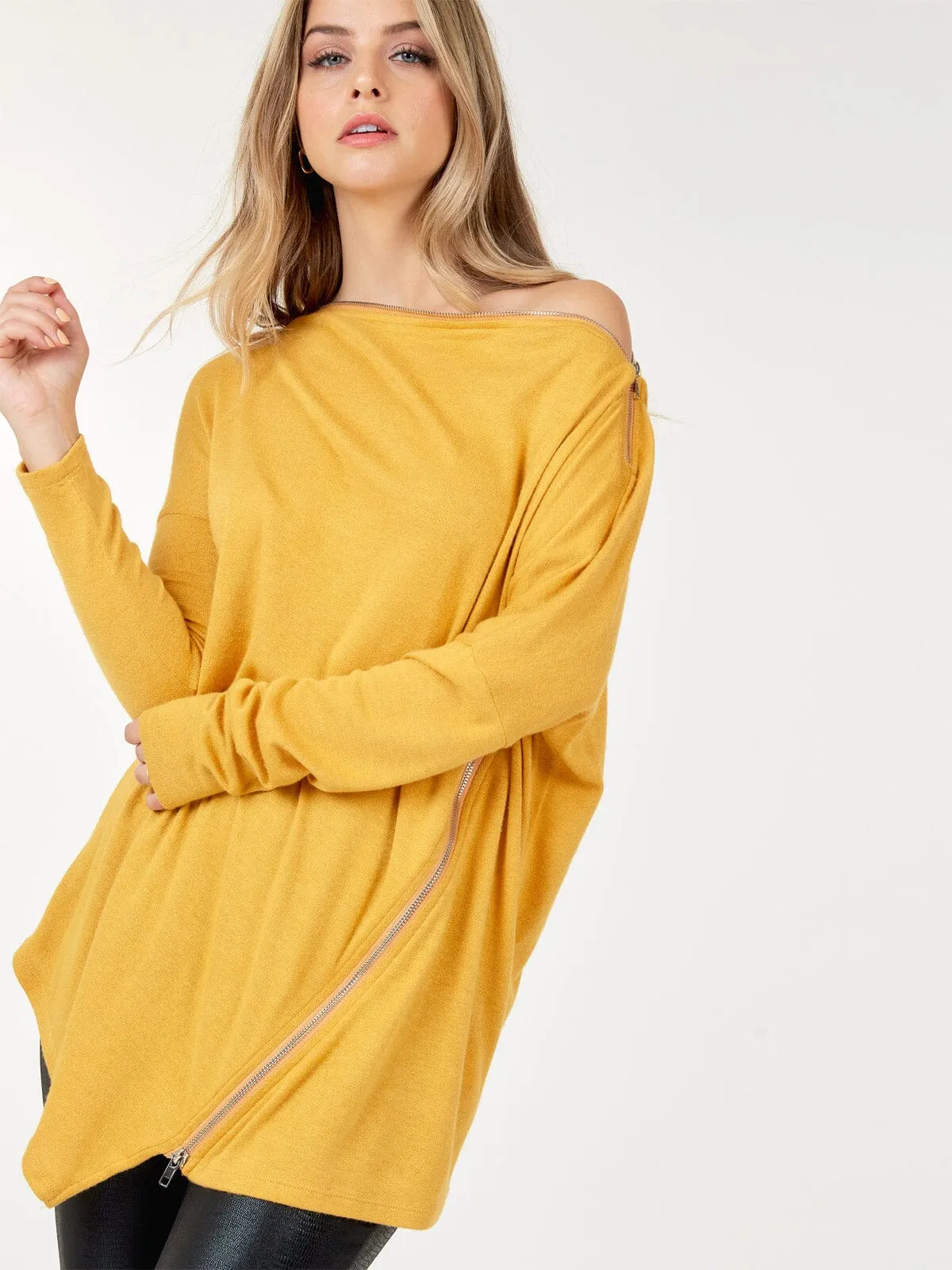 WOMEN'S LONG SLEEVE ZIPPER DETAILED TUNIC TOP