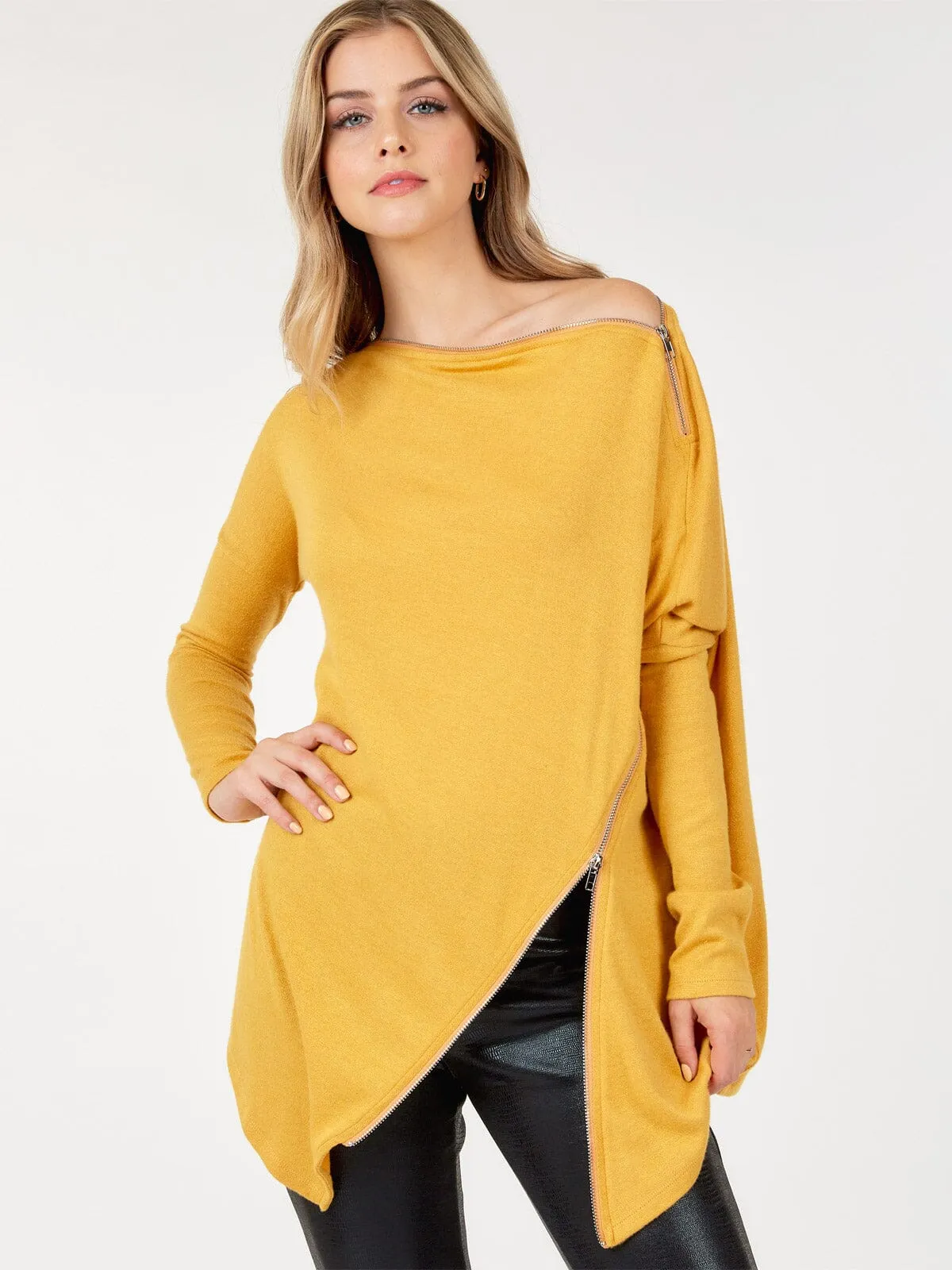 WOMEN'S LONG SLEEVE ZIPPER DETAILED TUNIC TOP