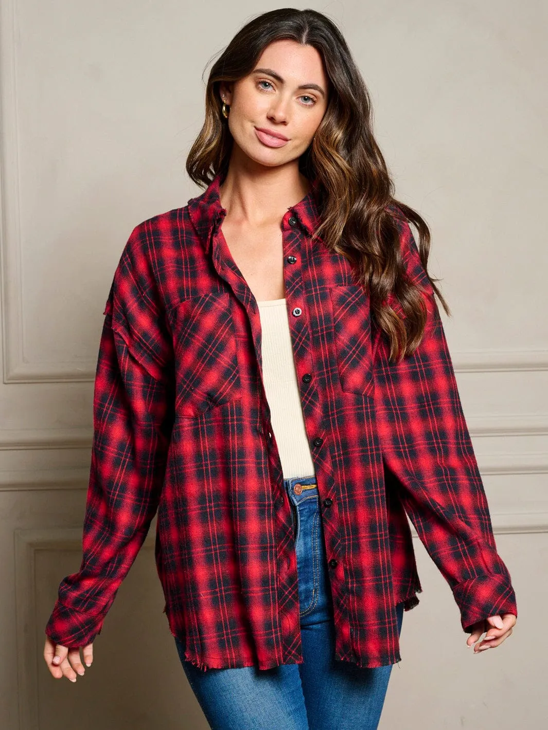 WOMEN'S LONG SLEEVES BUTTON UP FRONT POCKETS PLAID GRAPHIC OVERSIZED TOP