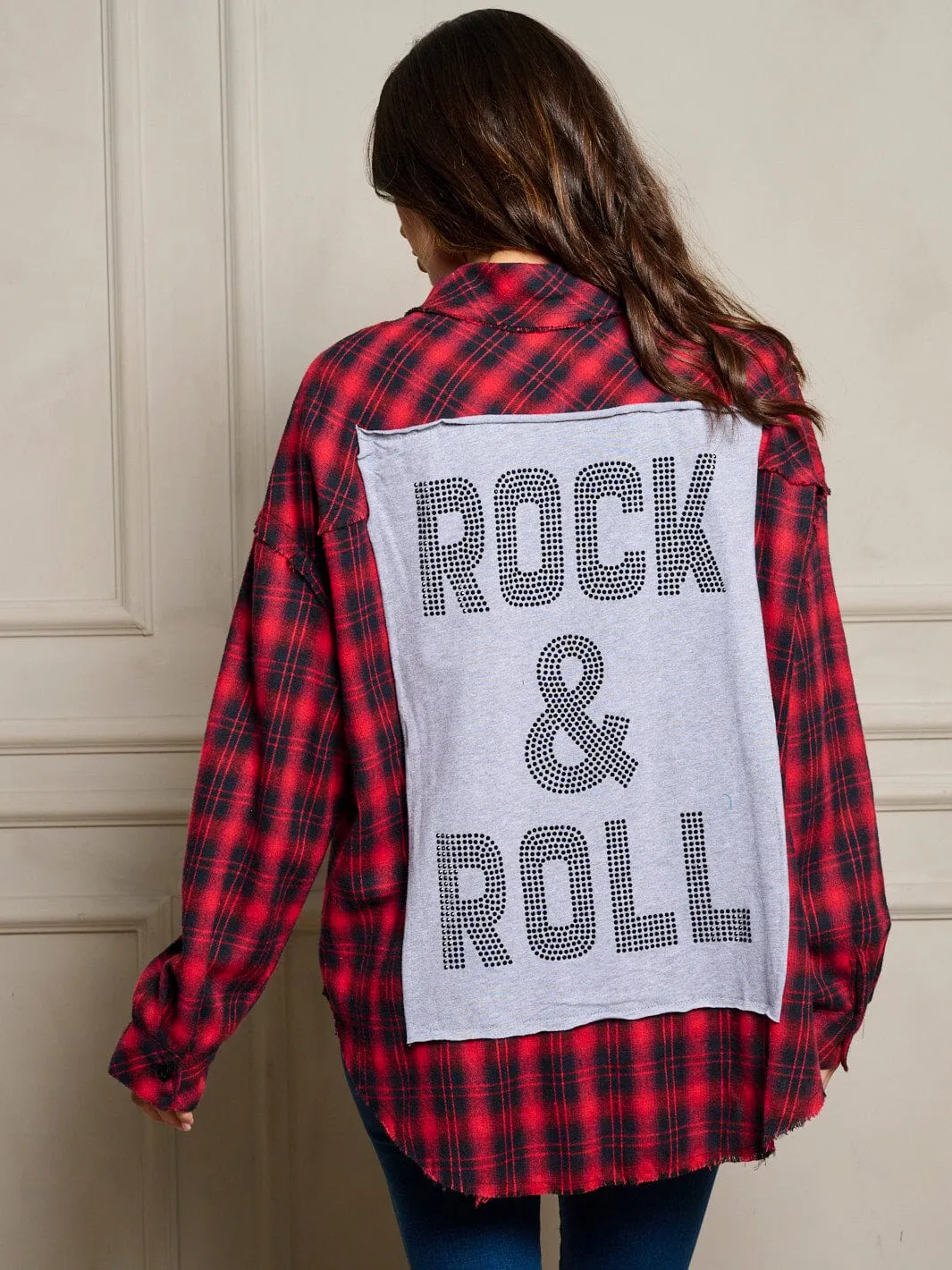 WOMEN'S LONG SLEEVES BUTTON UP FRONT POCKETS PLAID GRAPHIC OVERSIZED TOP