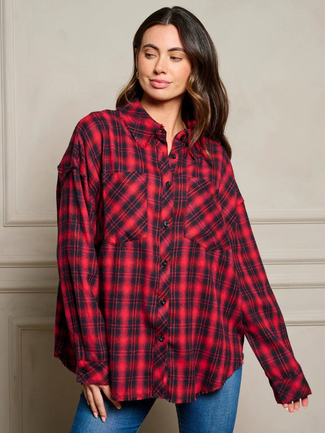 WOMEN'S LONG SLEEVES BUTTON UP FRONT POCKETS PLAID GRAPHIC OVERSIZED TOP