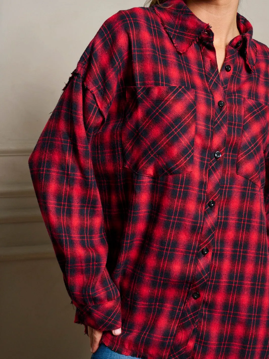 WOMEN'S LONG SLEEVES BUTTON UP FRONT POCKETS PLAID GRAPHIC OVERSIZED TOP