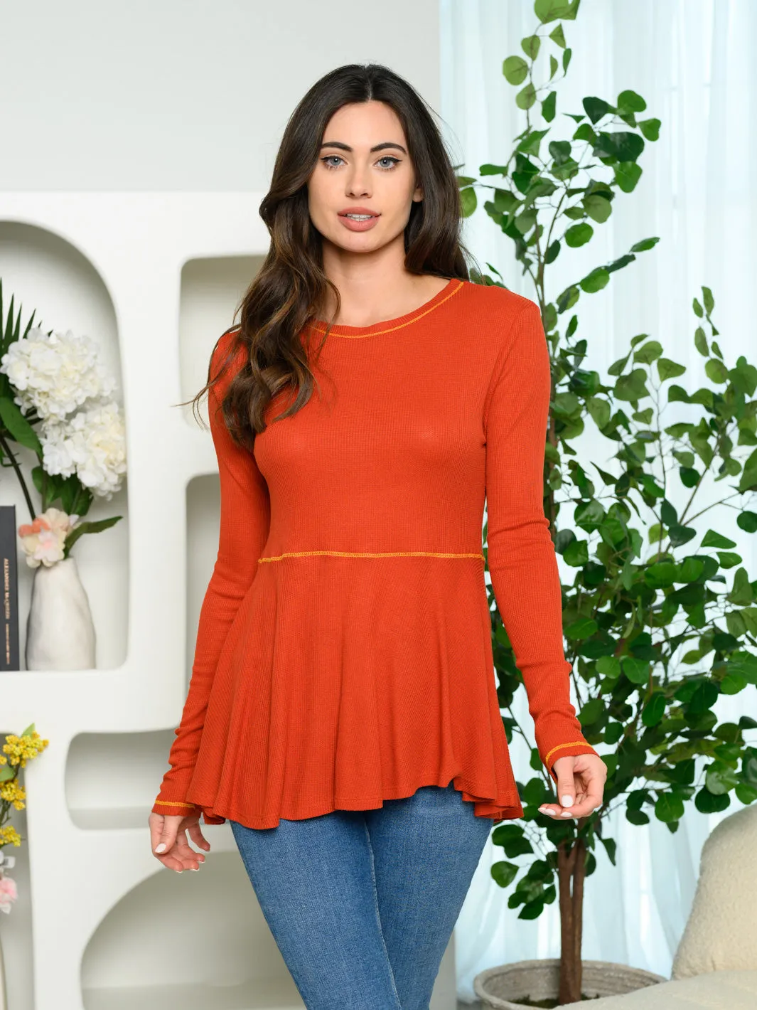 WOMEN'S LONG SLEEVES WAFFLE PEPLUM TOP